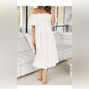 Boho Off Shoulder Puff Short Sleeve High Waist Ruffled Flowy A Line Midi Dress